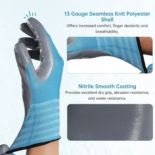 Vista 3 de ANDANDA 1/12 pares de guantes de trabajo, agarre fuerte, guantes de trabajo de nitrilo de nailon de punto sin costuras para hombre, adecuados