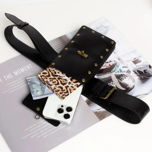 Vista 2 de Riñonera retro para mujer, riñonera para teléfono celular, steampunk, medieval, renacentista, accesorios de disfraz, Negro