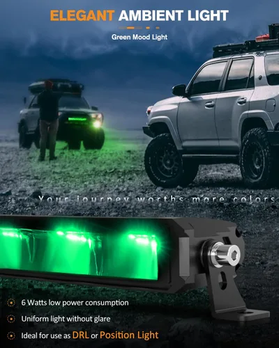 Vista 3 de Barra de luz LED sin remaches de 20 pulgadas con DRL verde, luz de conducción todoterreno, hasta 15,000 lúmenes, luz blanca de 6000 K, 1500 pies