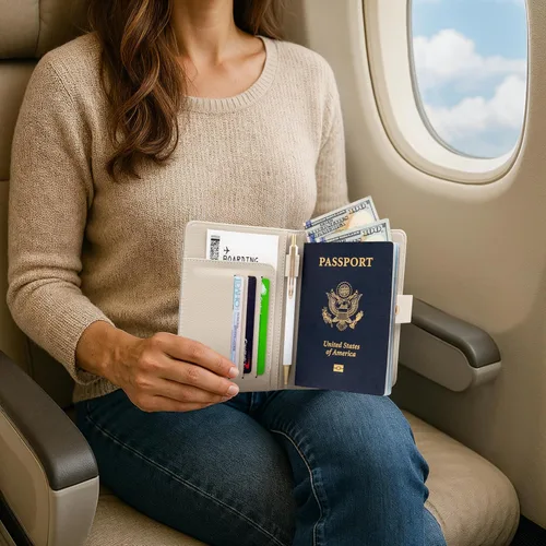 Vista 6 de Hermoso soporte para pasaporte para viajes, bonita funda con soporte para bolígrafo para mantener tus documentos de viaje organizados y seguros