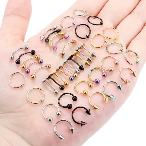Vista 3 de Ftovosyo Aretes de cartílago, 40 unidades, de acero quirúrgico 316L, para mujeres y hombres, nariz, labio, herradura, piercing de trago, hélice