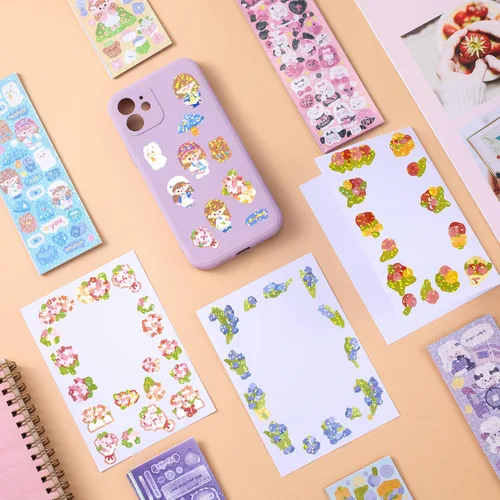 Vista 2 de HINZIC 60 hojas de calcomanías de corazón Kpop para fotocartas, calcomanías decorativas Kawaii conejo oso, calcomanías coreanas autoadhesivas
