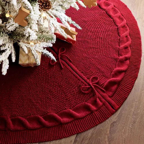 Vista 5 de Falda de árbol de Navidad de 48 pulgadas: falda de árbol de punto de cable para árbol de 7.5 pies, falda de árbol rojo vino, faldas de árbol