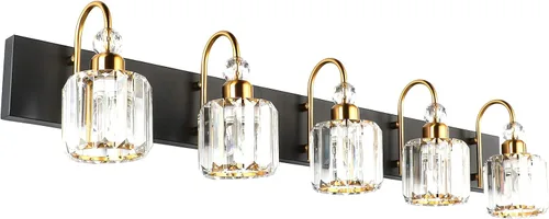 Vista 41 de Ralbay Modernas luces LED de cristal para tocador de baño, 3 luces de acero inoxidable, luces de tocador de cristal sobre el espejo, accesorios