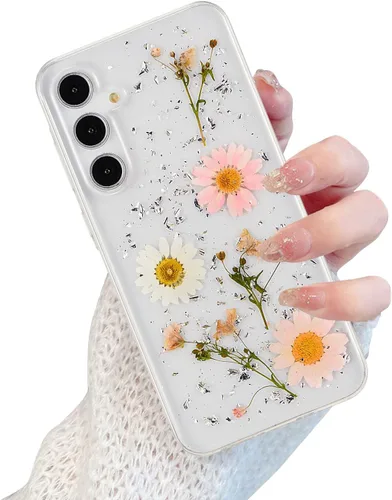 Vista 9 de EYZUTAK Funda para Samsung Galaxy A15 4G/5G, Bling Glitter Lentejuelas Hecho a Mano Hoja De Flor Seca Real Funda Estética Transparente Embedded