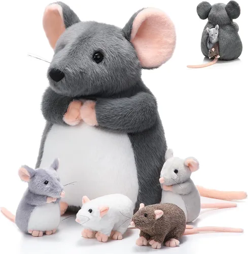 Vista 8 de Arrowbash - 5 piezas de animales de peluche de ratón con bebés, peluche de rata mamá de 14 pulgadas con 4 ratones pequeños en el abdomen