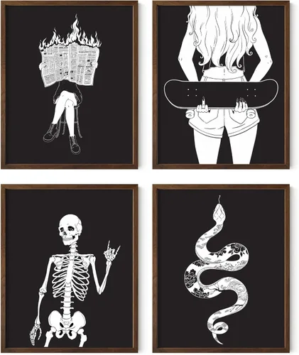 Vista 19 de HAUS AND HUES Decoración gótica de pared, juego de 4 impresiones de Halloween, arte de pared de terror y esqueleto, obra de arte espeluznante