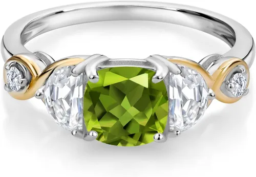 Vista 2 de Gem Stone King Anillo de plata 925 y oro amarillo de 10 quilates, con 3 piedras, peridoto y moissanita media luna (1.51 quilates Cttw)