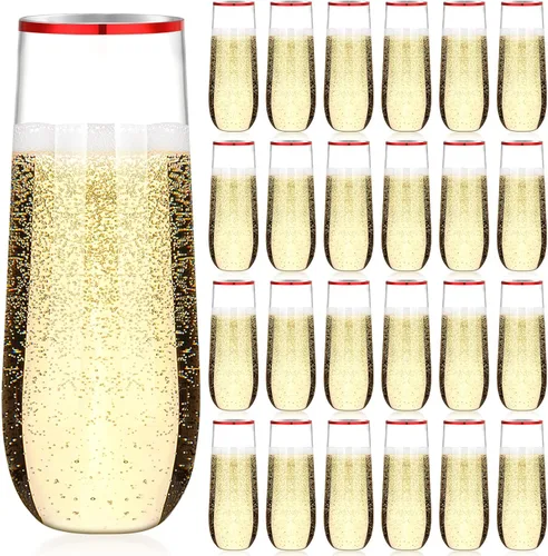 Vista 8 de Norme 24 copas de champán de plástico de 9 onzas, copas de champán de plástico sin tallo, vasos de mimosa inastillables, borde de boda, copas