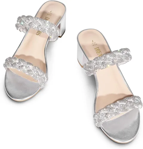 Vista 2 de DREAM PAIRS Zapatos de tacón bajo con dos correas trenzadas para mujer, puntera abierta, tacón grueso, sandalias de tacón grueso, para fiestas