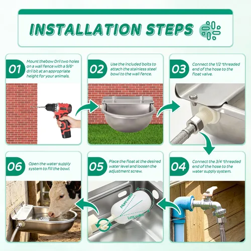 Vista 8 de Cuenco automático para beber, dispensador de agua de ganado de granja de acero inoxidable con orificio de drenaje y válvula de flotador