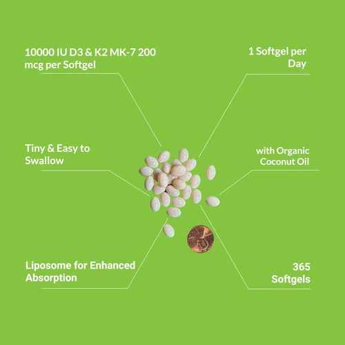Vista 3 de UpNourish Vitamina liposomal D3 K2 10000 UI D3 y K2 MK-7 200 mcg - 365 Vitamina D3 k2 (Vitamina D3 con K2) Mini cápsulas blandas - Suplemento