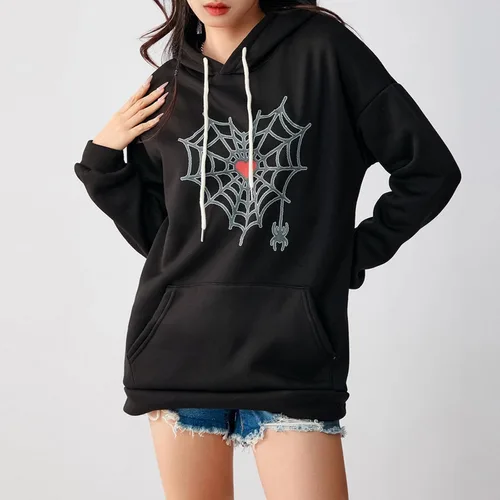 Vista 2 de Yoawdats Abrigo de Halloween para mujer, manga larga, con capucha, bordado, con corazón, suéter casual de Spiderman