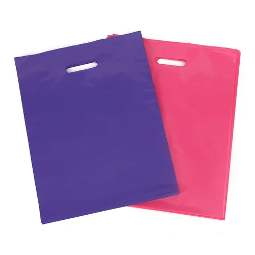 Vista 2 de 100 Bolsas 12x15 plástico color rosa y morado brillante para compras, con asas