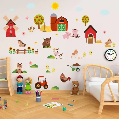 Vista 2 de PLIGREAT 2 hojas de calcomanías de pared de animales de granja, dibujos animados, vaca, cerdo, granja, casa, decoración para dormitorio, sala