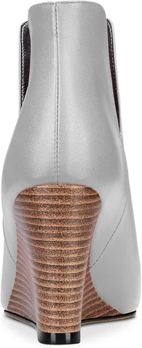 Vista 3 de Aachcol Botines de cuña para mujer, botines cortos, punta puntiaguda, tacón alto y grueso, mate, 4 pulgadas