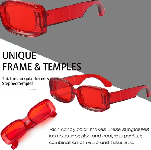 Vista 4 de Y2K - Lentes de sol rectangulares de moda para mujeres y hombres, estilo retro de los años 90, color rojo, rosa, verde, montura cuadrada gruesa