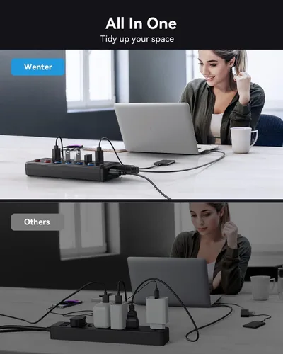 Vista 5 de Wenter Hub USB 3.0 de 6 puertos USB 3.0 (4 puertos de datos USB 3.0 + 2 puertos de carga rápida QC 3.0) con interruptores LED individuales