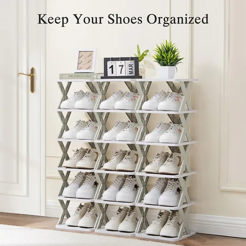 Vista 6 de VECELO Zapatero estrecho vertical de 6 niveles, zapatero de pie, estante delgado para zapatos de fácil montaje, organizador de zapatos compacto que