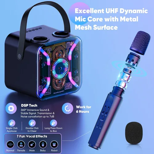 Vista 3 de Máquina de karaoke para adultos con dos micrófonos de karaoke inalámbricos, sistema PA, altavoz Bluetooth con micrófono que admite graves y agudos