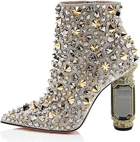 Vista 50 de FSJ Botas de tacón alto con punta puntiaguda para mujer, con tacón alto, con cremallera lateral brillante, estilo casual, para uso diario, zapatos