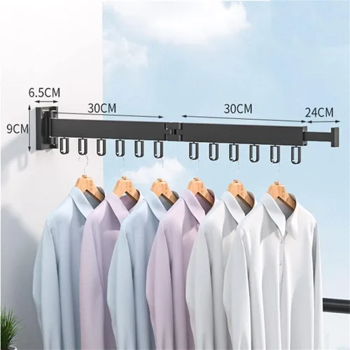 Vista 2 de Percha de ropa plegable para montaje en pared, estante de secado de tela retráctil para interiores y exteriores, ahorro de espacio de aluminio