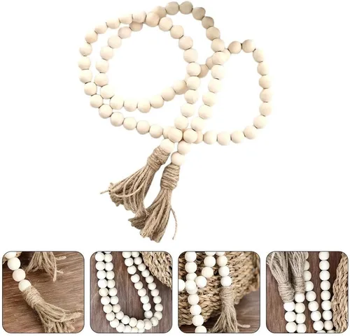 Vista 5 de IMIKEYA Guirnalda de cuentas de madera con borlas de 57 pulgadas, decoración rústica natural de granja para centros de mesa del hogar, bandejas Beige