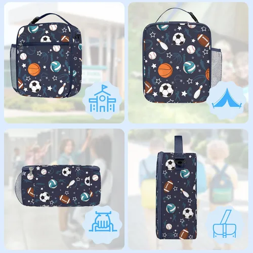 Vista 6 de Bolsa de almuerzo térmica aislada para niños Clastyle Sport Ball, grande, azul, con enfriador térmico, para niños, para picnic, escuela, canasta
