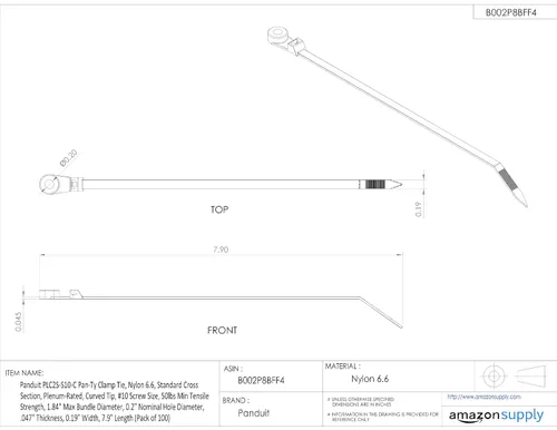 Vista 4 de Panduit PLC4H-S25-L Abrazadera Pan-Ty, Nylon 6.6, Sección transversal ligera-pesada, Clasificación Plenum, punta curva, tamaño de tornillo de 1/4