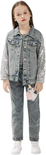 Vista 4 de WELAKEN Chaqueta de mezclilla de unicornio para niñas y niños pequeños con manga brillante, traje de primavera para niñas, chaquetas de mezclilla