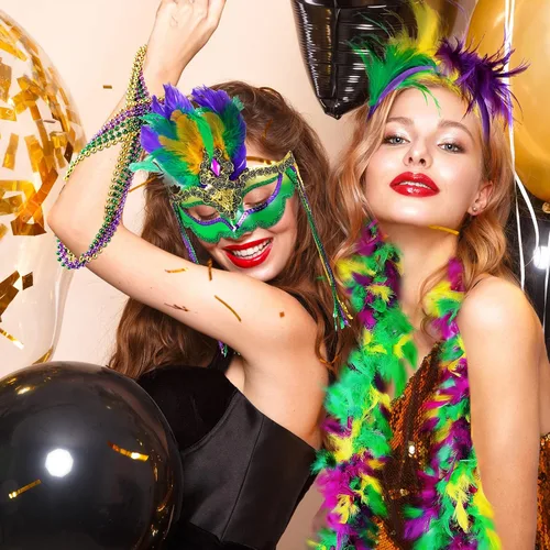 Vista 5 de Juego de 9 accesorios para disfraz de Mardi Gras, incluye collares de cuentas de Mardi Gras, plumas a granel, tocados de boas, diadema con plumas