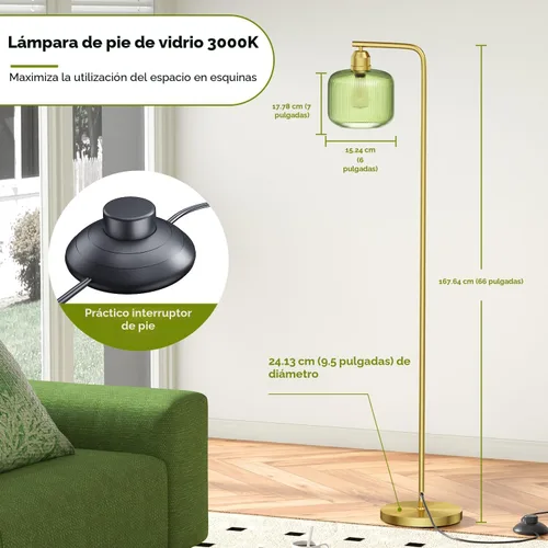 Vista 5 de Lámpara de pie de cristal para sala de estar, moderna lámpara de pie con pantalla de vidrio acanalado verde e interruptor de pedal, lámpara de pie