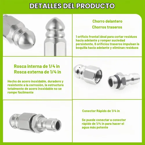 Vista 3 de Boquilla de chorro de alcantarillado de acero inoxidable de 5000 PSI con acoplamiento de conexión rápida de 1/4 pulgadas para limpiadores de drenaje