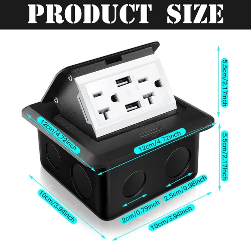 Vista 2 de Hoolerry Kit de 1 caja de cubierta de toma de corriente eléctrica de piso desplegable con cargador USB de 4.8 A, 20 amperios, impermeable