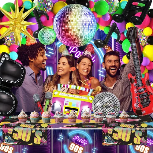 Vista 6 de JOGAMS Decoraciones de fiesta de los 80 y 90 165 piezas Globos con guitarra inflable retro, micrófono, anteojos, nota musical, globos de bola