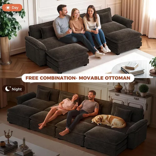 Vista 3 de Sofá modular de gran tamaño de 120 pulgadas, cómodo sofá nube en forma de L con otomana móvil, sofá moderno de felpilla de 4 plazas para sala