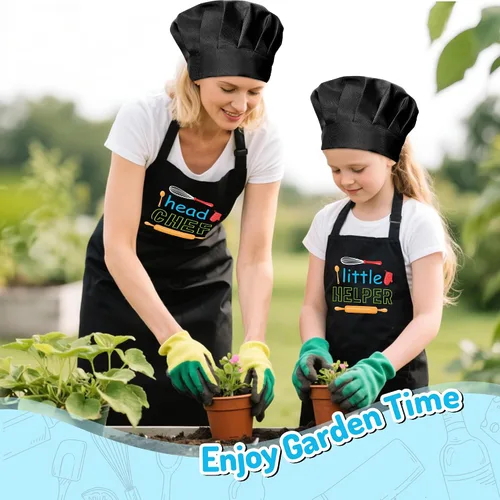 Vista 6 de R HORSE Juego de delantal y gorro de chef para adultos y niños - 4 piezas, delantal y gorro de cocina ajustables para padres e hijos, juguete