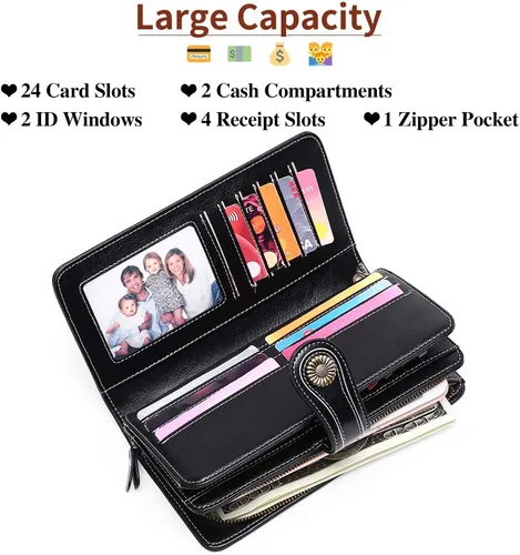 Vista 3 de SENDEFN - Cartera de cuero genuino para mujer con correa, 24 ranuras para tarjetas, 2 compartimentos para tarjetas de identificación, ventanas