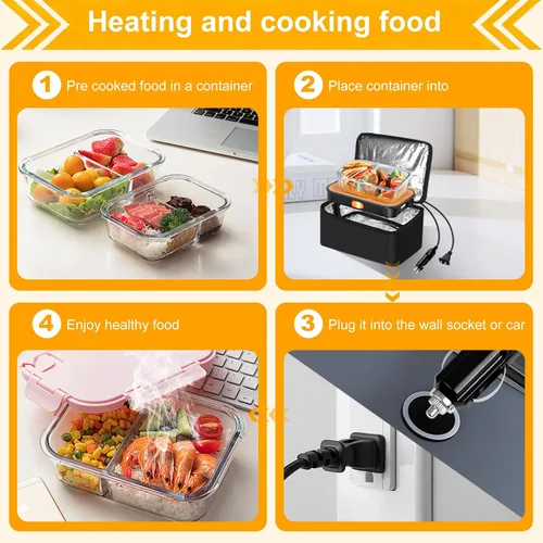 Vista 3 de Horno portátil - Calentador de alimentos de calentamiento rápido de 100 W, lonchera eléctrica 3 en 1 y calentador de almuerzo 12 V/24 V/110 V - Mini