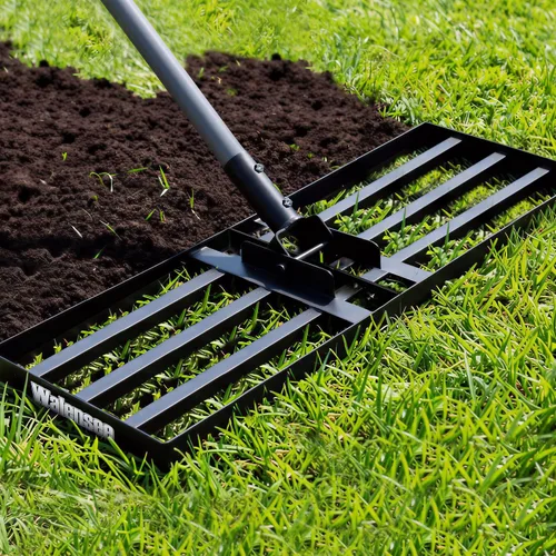 Vista 10 de Walensee Rastrillo nivelador de césped, nivelador reforzado con mango de acero de 6.5 pies 17X10 Inch Steel Head, Topdressing Spreader, Soil Sand