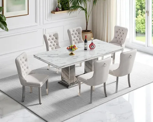 Vista 13 de Juego de 4 mesas de comedor blancas y doradas, mesa de cocina rectangular de 68 pulgadas con parte superior de mármol sintético blanco, mesa de Mesa