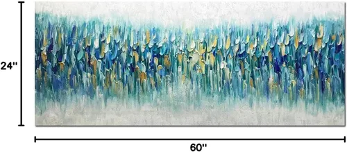 Vista 7 de AMEI Arte, 24 x 60 pulgadas, grande, pintado a mano, abstracto, texturizado, dorado, azul, pinturas acrílicas, arte de pared multicolor, estirado