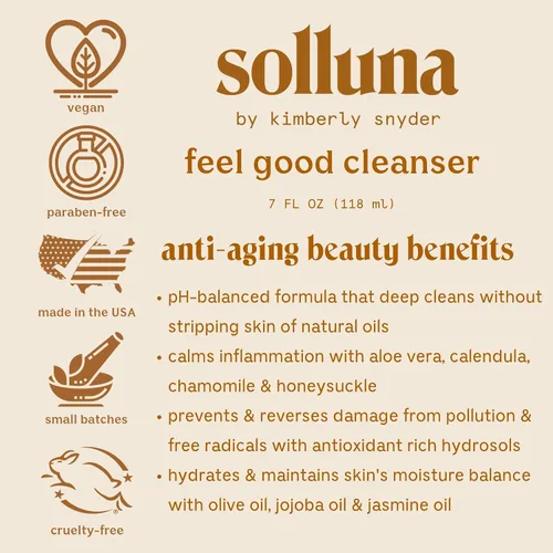 Vista 3 de Solluna by Kimberly Snyder Limpiador facial hidratante antienvejecimiento, lavado facial suave con pH equilibrado, aceites naturales hidratantes