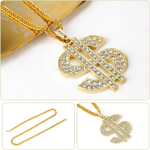 Vista 3 de Hip Hop Cadena de oro larga chapada en oro, accesorios para hombre, collares con signo de dólar, collar de dinero, cadena de oro falsa