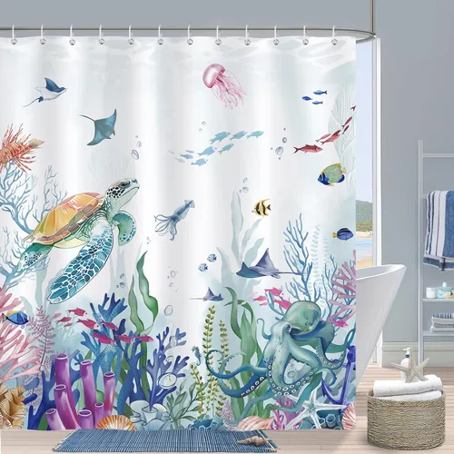 Vista 8 de Bonhause - Cortina para ducha de medusa, cortina de baño de tortuga azul teja y mar azulado, diseño costero de playa, de 72 x 72 pulgadas