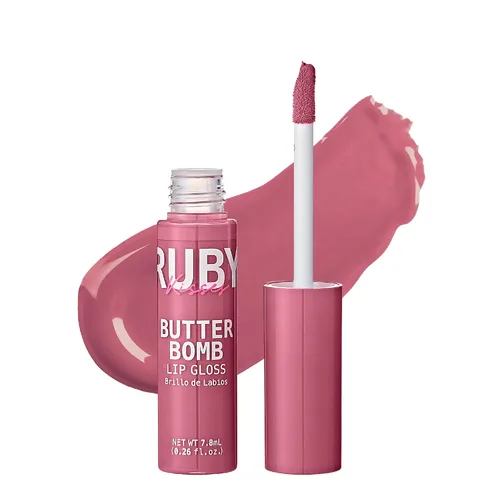 Vista 22 de Ruby Kisses Brillo de labios Butter Bomb Gloss, brillo de labios no pegajoso, vitamina E, tono natural desnudo, maquillaje de labios - 7.8mL