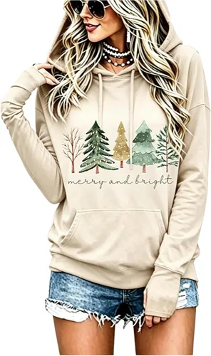 Vista 23 de LLHXRUI Sudadera de Navidad con diseño de árbol a cuadros y rayas para mujer, camiseta con bolsillo con capucha, manga larga, bloque de color Como