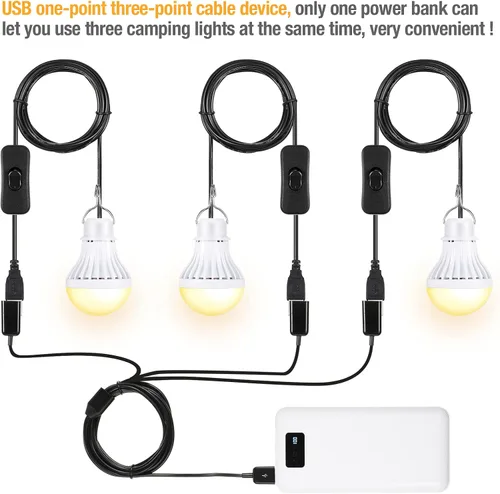 Vista 4 de 3 bombillas LED USB, luces de campamento portátiles de 5 W con cable divisor USB de 1 a 3, cable de 8.2 pies de longitud extra para tienda