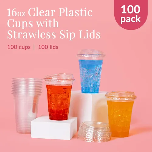 Vista 2 de Prestee 100 tazas de café helado desechables transparentes con tapas, 16 onzas, vasos de plástico con tapas sin pajilla, taza duradera