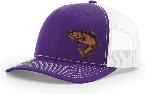 Vista 25 de Sombrero de pesca de trucha con parche de cuero grabado láser Richardson 112 Snapback Trucker Cap